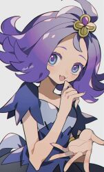 Rule 34 | 1girl, acerola (pokemon), commentary, creatures (company), dress, flipped hair, game freak, hair ornament, highres, kawasaki (kwsk 8765), looking at viewer, medium hair, multicolored clothes, multicolored dress, nintendo, open mouth, pokemon, pokemon sm, purple eyes, purple hair, short sleeves, simple background, smile, solo, topknot, twitter username