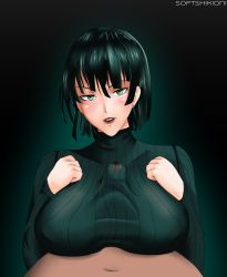 Rule 34 | 1boy, 1girl, breasts, fubuki (one-punch man), green eyes, green hair, hetero, highres, large breasts, large penis, looking at viewer, one-punch man, paizuri, paizuri under clothes, penis, softshikioni, sweater