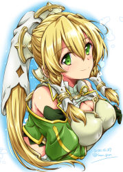 Rule 34 | 1girl, arm under breasts, artist name, bare shoulders, blonde hair, blush, braid, breasts, cleavage, commentary request, cropped torso, dated, green eyes, hair between eyes, highres, large breasts, leafa, leafa (terraria), long hair, long sleeves, looking at viewer, pointy ears, ponytail, san-pon, smile, solo, striped, sword art online, sword art online: alicization, twin braids