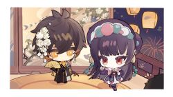 1boy 1girl absurdres black_corset black_hair blunt_bangs bonnet brown_hair capelet changpao chibi chinese_clothes corset earrings eyeshadow fireworks genshin_impact gradient_hair hair_between_eyes hand_fan highres hime_cut holding holding_fan jewelry lantern liyue_harbor lolita_fashion long_hair long_sleeves low_ponytail makeup multicolored_hair official_alternate_costume paper_lantern pink_capelet ponytail qi_lolita red_eyes red_eyeshadow single_earring sky_lantern sl16sl16 smile tassel yellow_eyes yun_jin_(genshin_impact) zhongli_(genshin_impact) zhongli_(lantern_rite)_(genshin_impact)