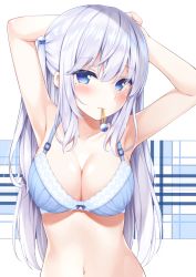 Rule 34 | 1girl, armpits, arms behind head, arms up, bare arms, bare shoulders, blue bra, blue eyes, blush, bow, bow bra, bra, breasts, cleavage, collarbone, commentary request, hair between eyes, hair bobbles, hair ornament, hair tie in mouth, karutamo, large breasts, long hair, looking at viewer, mole, mole under eye, mouth hold, navel, one side up, original, sidelocks, solo, stomach, tying hair, underwear, underwear only, upper body, white hair