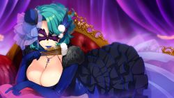 Rule 34 | 1girl, akeiro kaikitan, blue dress, blue lips, blue lips, breasts, cleavage, couch, curtains, domino mask, dress, hand fan, folding fan, fur trim, game cg, green hair, hair ornament, hat, huge breasts, indoors, jewelry, lipstick, lolita fashion, long sleeves, lying, makeup, mask, mini hat, necklace, on side, pillow, serious, short hair, solo, sumeragi kohaku