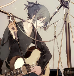 Rule 34 | 1boy, acoustic guitar, blue hair, grey eyes, guitar, instrument, male focus, microphone, microphone stand, nezumi (no.6), no.6, open mouth, short ponytail, solo, suou (sdurorhr)