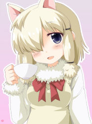Rule 34 | 10s, 1girl, :d, alpaca ears, alpaca suri (kemono friends), animal ears, beige vest, blonde hair, blue eyes, blush, breasts, collar, cup, dot nose, eyebrows, eyelashes, fur-trimmed sleeves, fur collar, fur trim, gradient background, hair over one eye, hair ribbon, hand up, head tilt, holding, holding cup, kemono friends, kinagi yuu, long sleeves, looking at viewer, medium breasts, multicolored background, neck ribbon, open mouth, outline, pink background, purple background, red ribbon, ribbon, sanpaku, shirt, short hair, signature, simple background, sleeveless, smile, solo, swept bangs, tareme, teacup, tress ribbon, two-tone background, upper body, vest, white outline, white shirt