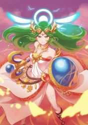 Rule 34 | 1girl, ancient greek clothes, bare shoulders, breasts, chiton, dress, green eyes, green hair, highres, jewelry, kid icarus, kid icarus uprising, legs, long hair, looking at viewer, medium breasts, necklace, nintendo, palutena, shield, simple background, solo, spoilers, standing, super smash bros., thighhighs, tiara, very long hair, wings, yukigi