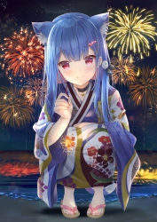 Rule 34 | 1girl, aerial fireworks, animal ear fluff, animal ears, bell, blue hair, cat ears, cat tail, collar, commentary request, extra ears, feet, fireworks, full body, geta, hair ornament, heart, heart hair ornament, highres, holding, japanese clothes, kimono, long hair, long sleeves, looking at viewer, maruma (maruma gic), neck bell, night, ocean, pink eyes, plivyou, reflection, senkou hanabi, shikai yue, smile, solo, sparkler, squatting, star (sky), straight hair, tail, virtual youtuber, wide sleeves