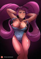 Rule 34 | 1girl, absurdres, armpits, arms behind head, black background, breasts, entrapta, feet out of frame, highres, large breasts, long hair, looking at viewer, nipples, ny4n-ny4n, overalls, purple eyes, purple hair, she-ra and the princesses of power, simple background, smile, solo, twintails, very long hair, watermark, web address