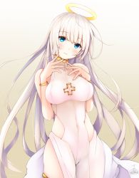 Rule 34 | 1girl, angel, bare shoulders, blue eyes, blush, bodysuit, bracelet, breasts, cleavage cutout, clothing cutout, collarbone, covered navel, cowboy shot, cross cutout, crotch seam, halo, head tilt, highres, jewelry, long hair, looking at viewer, medium breasts, original, parted lips, solo, suzume (simple0091), thighlet, very long hair, white bodysuit, white hair