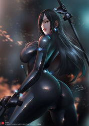 Rule 34 | 1girl, artist name, ass, black hair, bodysuit, breasts, dated, finger on trigger, gantz, gun, large breasts, looking at viewer, looking over shoulder, patreon username, reflective clothes, sade abyss, shimohira reika, sword, weapon