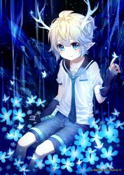 Rule 34 | 1boy, :|, alalen, antlers, aqua necktie, arm at side, arm up, artist name, black sailor collar, black shorts, blonde hair, blue eyes, blue flower, blush, bug, butterfly, closed mouth, collarbone, crystal, dated, detached sleeves, flower, glowing, glowing flower, gradient hair, highres, horns, index finger raised, insect, kagamine len, light particles, light rays, looking at viewer, male focus, multicolored hair, necktie, night, outdoors, sailor collar, shirt, short ponytail, shorts, sitting, sleeves past wrists, solo, treble clef, vocaloid, white shirt