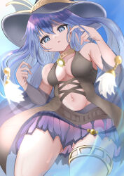 1girl absurdres adapted_costume ariel_(yu-gi-oh!) ariel_priestess_of_the_nekroz black_shirt blue_eyes blue_hair breasts cleavage clothing_cutout duel_monster ferlut from_below hair_between_eyes hat highres long_hair looking_at_viewer medium_breasts midriff navel purple_skirt shirt skirt sleeveless sleeveless_shirt stomach_cutout thigh_strap very_long_hair witch_hat yu-gi-oh!