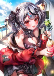 Rule 34 | 1girl, bandaid, bandaid hair ornament, bare shoulders, breasts, cleavage, coat, grey hair, hair ornament, highres, hololive, holox, large breasts, looking at viewer, medium breasts, multicolored hair, open mouth, outdoors, rachip, red eyes, sakamata chloe, sakamata chloe (jirai kei), solo, streaked hair, two-sided coat, two-sided fabric, virtual youtuber