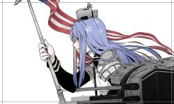 Rule 34 | 1girl, american flag, blue hair, flag, from side, fujinoki (horonabe-ken), greyscale, headgear, holding, holding flag, kantai collection, long hair, long sleeves, monochrome, multicolored hair, parted lips, profile, red hair, rigging, sidelocks, simple background, solo, south dakota (kancolle), spot color, star (symbol), upper body, white hair