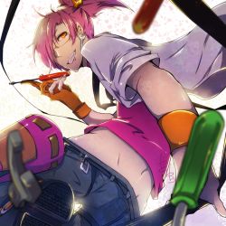 Rule 34 | 1boy, belt, carabiner, earrings, from behind, glasses, gloves, hair over one eye, holding, holding screwdriver, jewelry, lab coat, orange gloves, partially fingerless gloves, pink hair, pink shirt, pointy ears, ponytail, professor shion, screwdriver, shirt, signature, sound voltex, suspenders, wrench, wrench earring, wristband, yellow eyes
