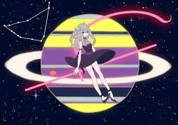 Rule 34 | 1girl, armlet, bad id, bad pixiv id, bare legs, capricorn (constellation), constellation, dress, grey hair, hair ornament, kurokeisin, long hair, looking at viewer, original, planet, saturn (planet), saturn symbol, see-through, side ponytail, sky, solo, space, star (sky), starry sky