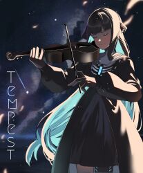Rule 34 | 1girl, absurdres, black dress, black hair, blue hair, closed eyes, closed mouth, colored inner hair, dress, highres, holding, holding instrument, holding violin, instrument, long hair, long sleeves, multicolored hair, music, playing instrument, punishing: gray raven, selena (punishing: gray raven), violin, yongsadragon