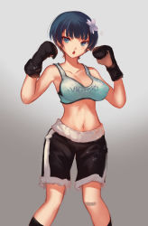 Rule 34 | 10s, 1girl, blue eyes, blue hair, blush, boxing gloves, breasts, chestnut mouth, cleavage, clothes writing, dead or alive, english text, flower, hair flower, hair ornament, highres, large breasts, looking at viewer, matching hair/eyes, midriff, navel, open mouth, senran kagura, senran kagura shinovi versus, short hair, shorts, softmode, solo, tank top, yozakura (senran kagura)