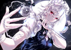 Rule 34 | 1girl, bad id, bad pixiv id, black bow, bow, braid, closed mouth, full moon, hair between eyes, hair bow, holding, holding knife, izayoi sakuya, jan (lightdragoon), knife, light particles, looking at viewer, maid, maid headdress, medium hair, moon, outdoors, pocket watch, red eyes, short sleeves, silver hair, solo, touhou, twin braids, upper body, watch, wrist cuffs
