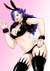 Rule 34 | 1girl, alternate costume, alternate hairstyle, bare shoulders, bikini, bikini skirt, blue eyes, blue hair, breasts, cleavage cutout, clothing cutout, female focus, highres, jacket, large breasts, long hair, looking at viewer, midriff, miss doublefinger, navel, one piece, ornament, rabbit ears, solo, swimsuit, thick thighs, thighhighs, thighs, waving