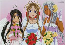 Rule 34 | 3girls, ;), aa megami-sama, ahoge, antenna hair, belldandy, bouquet, crease, dark-skinned female, dark skin, dress, elbow gloves, facial mark, female focus, flower, forehead mark, gloves, gradient background, happy, highres, long hair, multiple girls, official art, one eye closed, open mouth, pink background, pink flower, pink rose, red flower, red rose, rose, scan, siblings, simple background, sisters, skuld (aa megami-sama), smile, tan, urd (aa megami-sama), wedding dress, wink, yellow flower, yellow rose