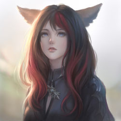 Rule 34 | 1girl, animal ears, warrior of light (ff14), black hair, blue eyes, blurry, blurry background, cat ears, chaosringen, closed mouth, commentary, commission, day, final fantasy, final fantasy xiv, highres, lips, long hair, looking at viewer, miqo&#039;te, multicolored hair, outdoors, slit pupils, solo, two-tone hair, upper body