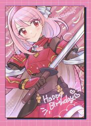Rule 34 | 1girl, armor, bodystocking, braid, breastplate, cape, commentary request, fire emblem, fire emblem engage, grey hairband, hairband, happy birthday, highres, hino222hikari, holding, holding sword, holding weapon, lapis (fire emblem), nintendo, pink eyes, pink hair, red armor, red cape, red hairband, ribbon, side braid, solo, sword, two-tone hairband, upper body, weapon, white ribbon