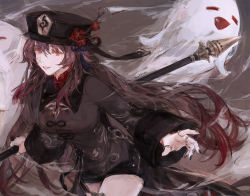 Rule 34 | 1girl, black hat, black nails, black shorts, breasts, brooch, brown hair, chinese clothes, coat, coattails, collared coat, collared shirt, colored tips, flower, flower-shaped pupils, genshin impact, ghost, hair between eyes, hat, hat flower, hat ornament, hu tao (genshin impact), jewelry, kei (keiuu), long hair, long sleeves, looking at viewer, multicolored hair, nail polish, plum blossoms, ponytail, porkpie hat, red eyes, red shirt, ring, shirt, shorts, smile, solo, staff of homa (genshin impact), symbol-shaped pupils, tassel, twintails, very long hair, vision (genshin impact)