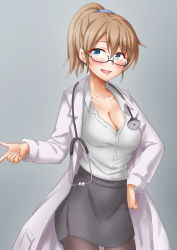 Rule 34 | 1girl, anti (untea9), black pantyhose, black skirt, blue eyes, blush, breasts, brown hair, cleavage, coat, collarbone, cowboy shot, doctor, glasses, hair between eyes, highres, intrepid (kancolle), kantai collection, lab coat, large breasts, open mouth, pantyhose, pencil skirt, ponytail, short hair, skirt, smile, solo, stethoscope, white coat