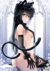 Rule 34 | 1girl, animal ears, ass, biwa ton10, black gloves, black hair, cat ears, cat tail, collar, covered erect nipples, gloves, green eyes, hair between eyes, hair over breasts, hair over one breast, highres, long hair, looking at viewer, nude, original, sitting, solo, tail, thighhighs, windowsill