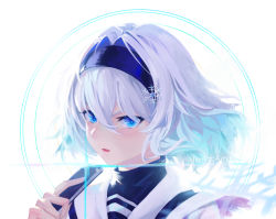 Rule 34 | 1girl, blue eyes, blush, diffraction spikes, floating hair, folding fan, grey hair, hair intakes, hair ornament, hand fan, hand up, highres, holding, holding fan, li-mi, long hair, looking at viewer, open mouth, ryuuou no oshigoto!, sailor, short hair, snowflake hair ornament, solo, sora ginko, translated, upper body, v-shaped eyebrows
