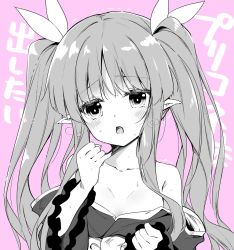 Rule 34 | 1girl, text background, blush, breasts, collarbone, hair ribbon, head tilt, heavy breathing, japanese clothes, kimono, kyoka (princess connect!), long hair, long sleeves, nanamomo rio, off shoulder, open mouth, pink background, pointy ears, princess connect!, ribbon, saliva, sidelocks, simple background, small breasts, solo, sweat, translation request, trembling, twintails, wide sleeves