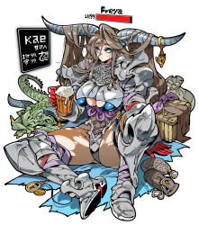 Rule 34 | 1girl, annoyed, armor, bag, box, breasts, brown hair, character name, coin, commission, cup, dragon, freya (kae (kikkerikill)), gloves, greaves, grey leotard, holding, holding cup, horns, kafun, large breasts, leotard, long hair, looking to the side, orange eyes, original, pauldrons, pink eyes, pocket watch, red gloves, shoulder armor, sitting, skeb commission, solo, underboob, very long hair, watch, wooden cup
