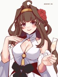 Rule 34 | 1girl, ahoge, breasts, brown hair, champagne flute, cleavage cutout, clothing cutout, cup, double bun, dress, drinking glass, flower, gold hairband, hair bun, hair flower, hair ornament, hairband, highres, kantai collection, kongou (kancolle), kozu (bloomme1 me), large breasts, long hair, official alternate costume, purple eyes, simple background, smile, solo, upper body, white background, white dress