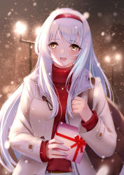 Rule 34 | 1girl, :d, absurdres, alternate costume, belt, blush, box, brown eyes, casual, coat, gift, gift box, hairband, highres, holding, holding gift, kantai collection, long hair, long sleeves, looking at viewer, night, open mouth, outdoors, red hairband, red ribbon, red sweater, ribbon, sakurahuji-iro, shoukaku (kancolle), smile, snow, solo, sweater, turtleneck, turtleneck sweater, upper body, valentine, white coat, white hair, winter