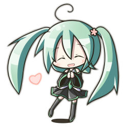 Rule 34 | 1girl, ahoge, aoblue, chibi, closed eyes, female focus, full body, gradient background, green hair, happy, hatsune miku, long hair, skirt, smile, solo, thighhighs, twintails, very long hair, vocaloid, white background