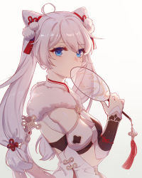 Rule 34 | 1girl, bare shoulders, blue eyes, chinese clothes, covering own mouth, double bun, hair between eyes, hair bun, hair ornament, hand fan, highres, holding, holding fan, honkai (series), honkai impact 3rd, kiana kaslana, kiana kaslana (divine prayer), long hair, looking at viewer, short sleeves, silence (pixiv18541142), twintails, white background, white hair