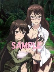 Rule 34 | 2girls, black bra, black panties, blush, bra, breasts, brown eyes, brown hair, camouflage, camouflage jacket, cleavage, forest, glasses, hair ornament, hairclip, highres, jacket, kneeling, kyochuu rettou, large breasts, long hair, looking at viewer, miniskirt, multiple girls, naruse chitose, nature, navel, official art, oribe mutsumi, outdoors, panties, sample watermark, shirt, skirt, torn clothes, torn jacket, torn shirt, torn skirt, underwear, very long hair, watermark, white bra