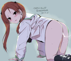 Rule 34 | 1girl, aftersex, all fours, amasora taichi, ass, black bow, black socks, blush, bottomless, bow, brown eyes, brown hair, character name, cum, cum on clothes, cum string, cumdrip, dated, dot nose, drooling, eyebrows, female focus, girls und panzer, hair bow, hair ornament, kadotani anzu, kneehighs, long sleeves, long twintails, looking at viewer, looking back, open mouth, sailor collar, school uniform, short hair, simple background, socks, solo, sweat, twintails, twitter username