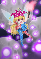 Rule 34 | 1girl, :d, absurdres, american flag legwear, american flag shirt, arm behind back, arms up, black background, blonde hair, clownpiece, commentary request, danmaku, fairy wings, floating, foreshortening, hat, highres, holding, holding torch, jester cap, kanonari, light particles, long hair, looking at viewer, moon, open mouth, outstretched arms, pantyhose, partial commentary, polka dot headwear, purple hat, red eyes, smile, solo, spread arms, torch, touhou, very long hair, wings