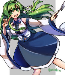 Rule 34 | 1girl, blue skirt, collared shirt, detached sleeves, dutch angle, frog, frog hair ornament, gohei, green eyes, green hair, grey background, hair ornament, hair tubes, highres, japanese clothes, kochiya sanae, long hair, long skirt, miko, nontraditional miko, one-hour drawing challenge, renshirenji, shirt, skirt, sleeveless, sleeveless shirt, snake, snake hair ornament, solo, touhou, twitter username, white background, white shirt