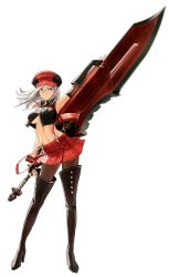 Rule 34 | 10s, 1girl, alisa ilinichina amiella, black footwear, black pantyhose, blue eyes, boots, breasts, cabbie hat, fingerless gloves, gloves, god eater, god eater burst, hat, highres, jpeg artifacts, large breasts, official art, pantyhose, plaid, plaid skirt, skirt, solo, suspender skirt, suspenders, sword, thigh boots, thighhighs, underboob, weapon, white hair
