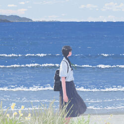 Rule 34 | 1girl, arms at sides, backpack, bag, black hair, blue skirt, blue sky, boat, braid, braided ponytail, cloud, collared shirt, facing away, faux traditional media, feet out of frame, flower, from side, grass, hair behind ear, hayashi naoyuki, highres, horizon, landscape, long hair, long skirt, mountain, nature, ocean, original, pleated skirt, scenery, school uniform, shirt, shirt tucked in, shore, short sleeves, skirt, sky, solo, standing, water, watercraft, white shirt, yellow flower