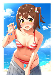 Rule 34 | 1girl, beach, bikini, bikini under clothes, blue sky, breasts, brown eyes, brown hair, cloud, commentary request, cowboy shot, day, grey skirt, hair ornament, hairclip, idolmaster, idolmaster million live!, idolmaster million live! theater days, karua (karua23), kasuga mirai, leaning forward, looking at viewer, medium breasts, one side up, open mouth, outdoors, outside border, pleated skirt, pulled by self, red bikini, scrunchie, short hair, skirt, sky, solo, strap pull, string bikini, striped bikini, striped clothes, swimsuit, undressing