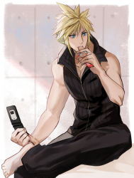 Rule 34 | 1boy, bare arms, barefoot, bed sheet, black pants, black shirt, blonde hair, blue eyes, candy, candy bar, cellphone, cloud strife, collarbone, crossed legs, eating, final fantasy, final fantasy vii, final fantasy vii advent children, flip phone, food, hair between eyes, high collar, holding, holding candy, holding food, holding phone, indoors, jjn ff7, looking to the side, male focus, muscular, muscular male, open collar, pants, phone, shirt, short hair, sitting, sleeveless, sleeveless shirt, solo, spiked hair, square enix, tile wall, tiles, upper body, wrapper