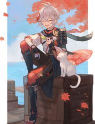 Rule 34 | 1boy, :d, ^ ^, absurdres, ahoge, alca8811, animal, autumn leaves, bandaged hand, bandages, blurry, blurry background, box, cat, closed eyes, cloud, commentary request, crossed bangs, elbow on knee, facing viewer, genshin impact, hair between eyes, highres, holding, holding leaf, horizon, kaedehara kazuha, leaf, male focus, maple leaf, mixed-language commentary, multicolored hair, ocean, open mouth, partial commentary, short hair, silver hair, sitting, smile, solo, streaked hair, tree