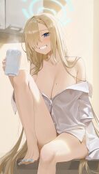Rule 34 | 1girl, absurdres, asuna (blue archive), asymmetrical bangs, bare legs, bare shoulders, barefoot, blonde hair, blue archive, blush, breasts, cleavage, collarbone, commentary request, cup, feet, grin, hair over one eye, halo, highres, holding, holding cup, indoors, knee up, large breasts, long bangs, long hair, long toenails, looking at viewer, mm (mhm2592), mole, mole on breast, nail polish, naked shirt, one eye covered, shirt, smile, solo, steam, straight hair, toenail polish, toenails, toes, very long hair, white shirt