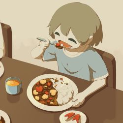 Rule 34 | 1boy, :d, apple, apple rabbit, apple slice, avogado6, blouse, blue shirt, brown hair, colored skin, cup, curry, curry rice, eating, closed eyes, fang, food, food art, food on face, grey background, open mouth, original, plate, rice, shirt, short hair, short sleeves, smile, solo focus, table, white skin