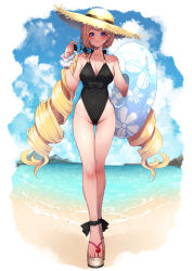 Rule 34 | 1girl, aki rosenthal, beach, blonde hair, blue sky, breasts, closed mouth, cloud, commentary request, day, detached hair, drill hair, unworn eyewear, full body, hat, highres, holding, holding removed eyewear, hololive, legs, long hair, looking at viewer, medium breasts, mikan (chipstar182), ocean, one-piece swimsuit, purple eyes, sandals, sky, smile, solo, straw hat, sunglasses, swimsuit, thighs, toenails, toes, twin drills, twintails, very long hair, virtual youtuber