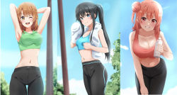 Rule 34 | 3girls, armpits, arms behind back, ass, asymmetrical hair, bent over, black hair, black pants, blue bra, blue eyes, blue sky, blue sports bra, blurry, blurry background, blush, bottle, bra, breasts, brown hair, cleavage, clenched hand, cloud, collarbone, cowboy shot, dot nose, female focus, from below, from side, green bra, green sports bra, grin, gym clothes, hair bun, head tilt, highres, holding, holding bottle, holding towel, isshiki iroha, large breasts, long hair, looking at viewer, looking down, looking to the side, midriff, multiple girls, navel, one eye closed, open mouth, orange hair, outdoors, pants, pink bra, pink hair, pink sports bra, red eyes, skindentation, sky, smile, sports bra, sportswear, standing, teeth, tight clothes, tight pants, towel, towel around neck, tree, underwear, upper teeth only, water bottle, white towel, wink, yahari ore no seishun lovecome wa machigatteiru., yellow eyes, yuigahama yui, yukinoshita yukino