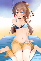 Rule 34 | 1girl, ahoge, arm behind back, bare legs, bare shoulders, barefoot, beach, bikini, blue bikini, blue eyes, blush, breasts, brown hair, collarbone, commentary request, embarrassed, full body, hair ribbon, hand on own face, kantai collection, kazagumo (kancolle), long hair, looking at viewer, lowleg, lowleg bikini, multi-strapped bikini, navel, open mouth, outdoors, parted bangs, polka dot, ponytail, revision, ribbon, rui shi (rayze ray), sand, sarong, see-through, sitting, solo, striped bikini, striped clothes, swimsuit, umbrella, wariza